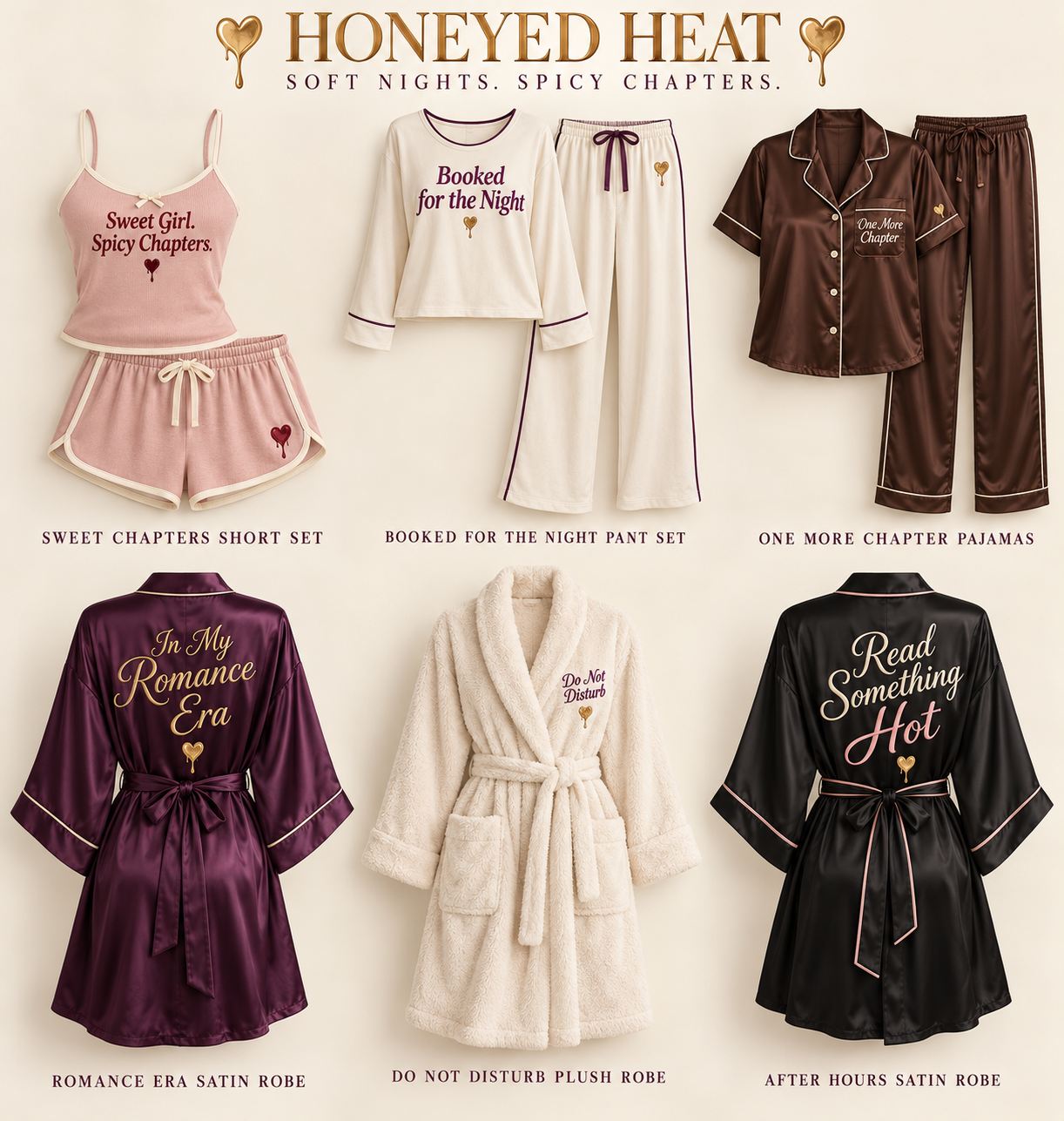 Honeyed Heat concept designs for blush lounge sets, chocolate pajamas, and plum and cream robes