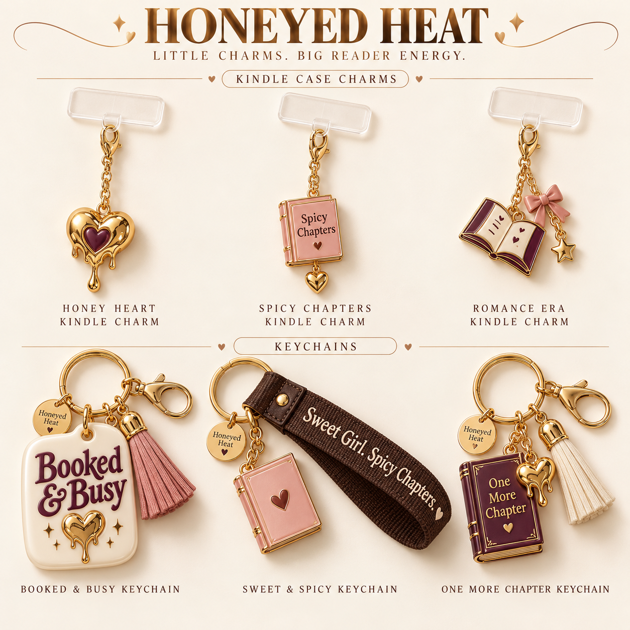 Honeyed Heat book and honey-heart Kindle charm and keychain concepts
