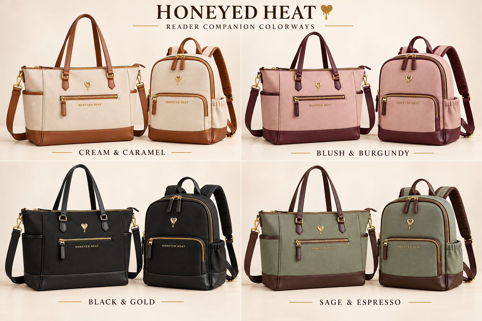 Reader tote and backpack concepts in cream, blush, black, and sage